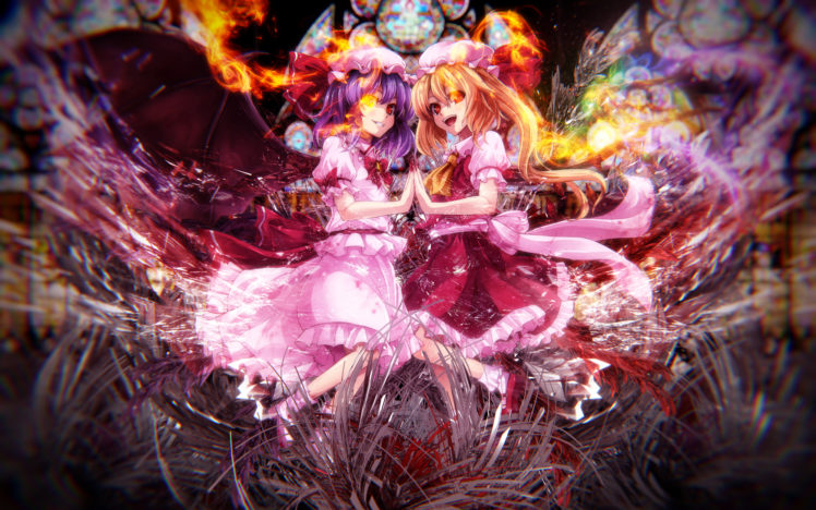 girls, Asu, Hare, Blonde, Hair, Bukotsu, Tanren, Fire, Flandre, Scarlet, Hat, Photoshop, Purple, Hair, Red, Eyes, Remilia, Scarlet, Touhou, Twins, Vampire, Wings HD Wallpaper Desktop Background