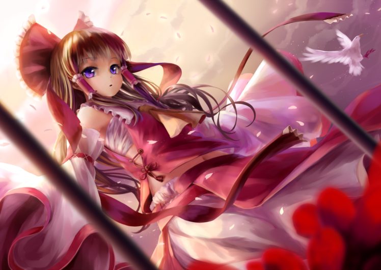 animal, Bird, Bow, Brown, Hair, Hakurei, Reimu, Japanese, Clothes, Kachayori, Long, Hair, Miko, Petals, Purple, Eyes, Skirt, Touhou HD Wallpaper Desktop Background