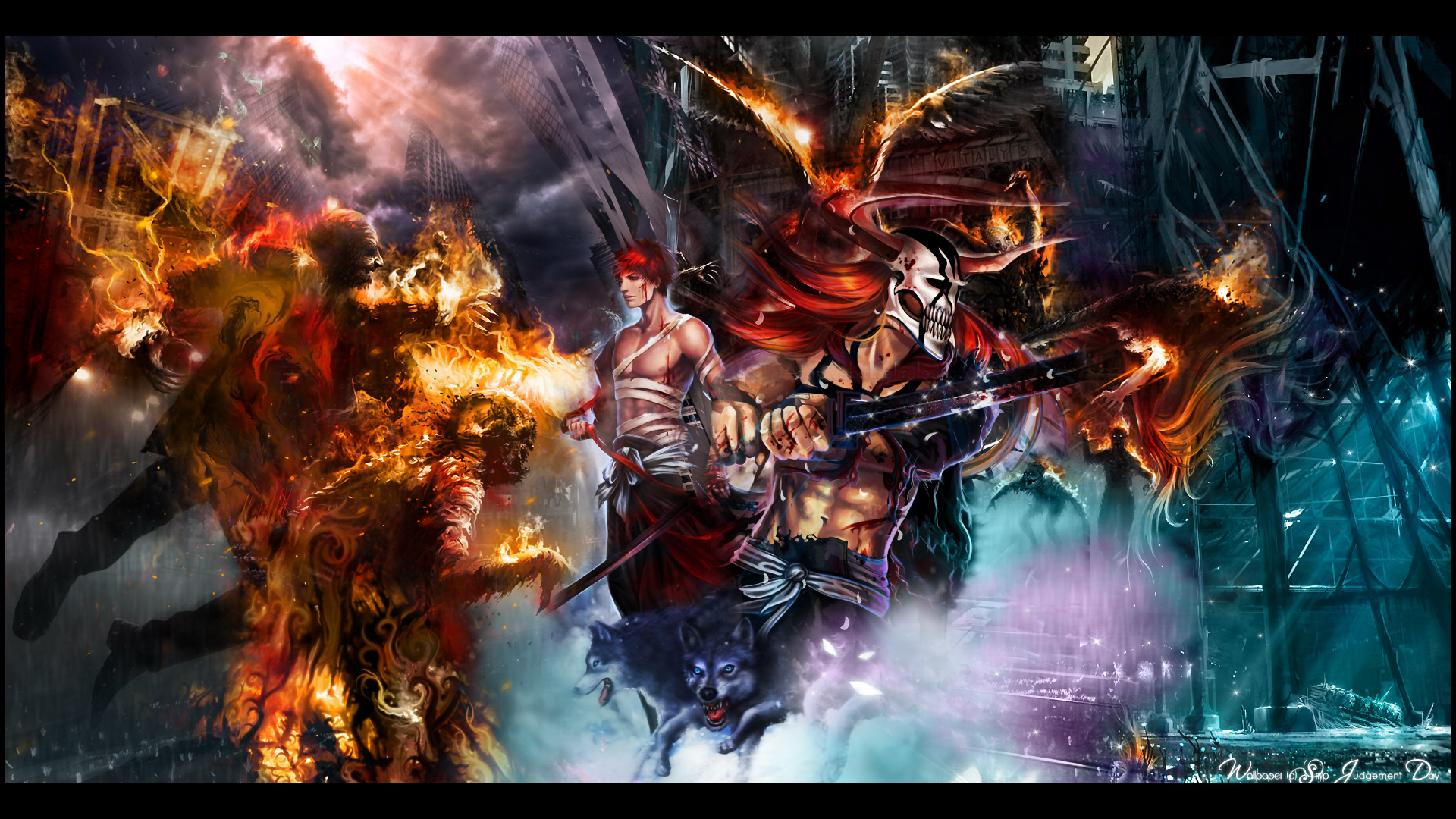animal, Bleach, Fire, Kurosaki, Ichigo, Red, Hair, Weapon, Wolf Wallpaper
