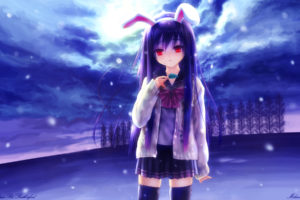 animal, Ears, Clouds, Goto, P, Purple, Hair, Red, Eyes, Reisen, Udongein, Inaba, Sky, Snow, Thighhighs, Touhou