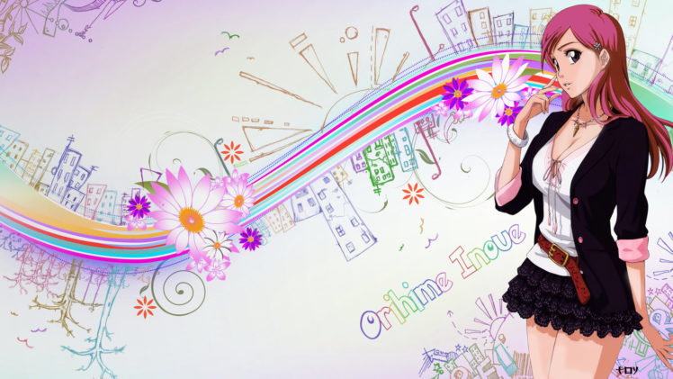 bleach, Flowers, Inoue, Orihime, Necklace, Rainbow, Red, Hair HD Wallpaper Desktop Background