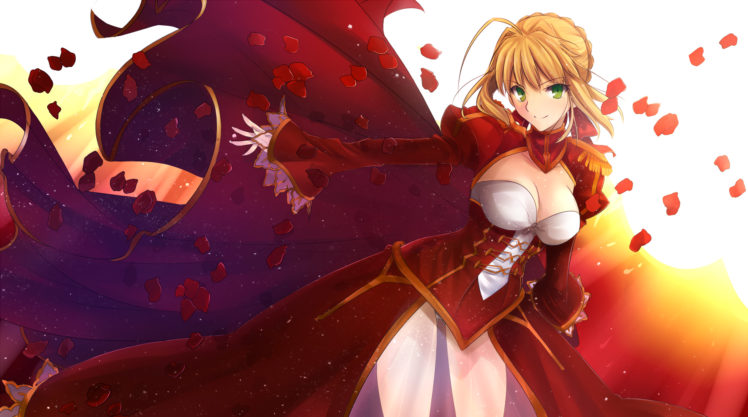 blonde, Hair, Cleavage, Dress, Fate, Extra, Fate, Stay, Night, Green, Eyes, Ladymarta, Panties, Petals, Saber, Extra, See, Through, Thighhighs, Underwear HD Wallpaper Desktop Background