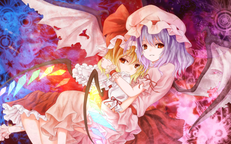 blonde, Hair, Dress, Flandre, Scarlet, Purple, Hair, Red, Eyes, Remilia, Scarlet, Ribbons, Short, Hair, Touhou, Vampire, Wings HD Wallpaper Desktop Background