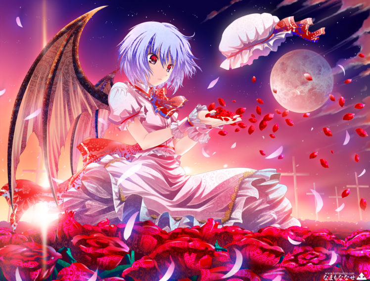 blue, Hair, Dress, Flowers, Hat, Moon, Namamo, Nanase, Petals, Red, Eyes, Remilia, Scarlet, Short, Hair, Sky, Touhou, Wings HD Wallpaper Desktop Background