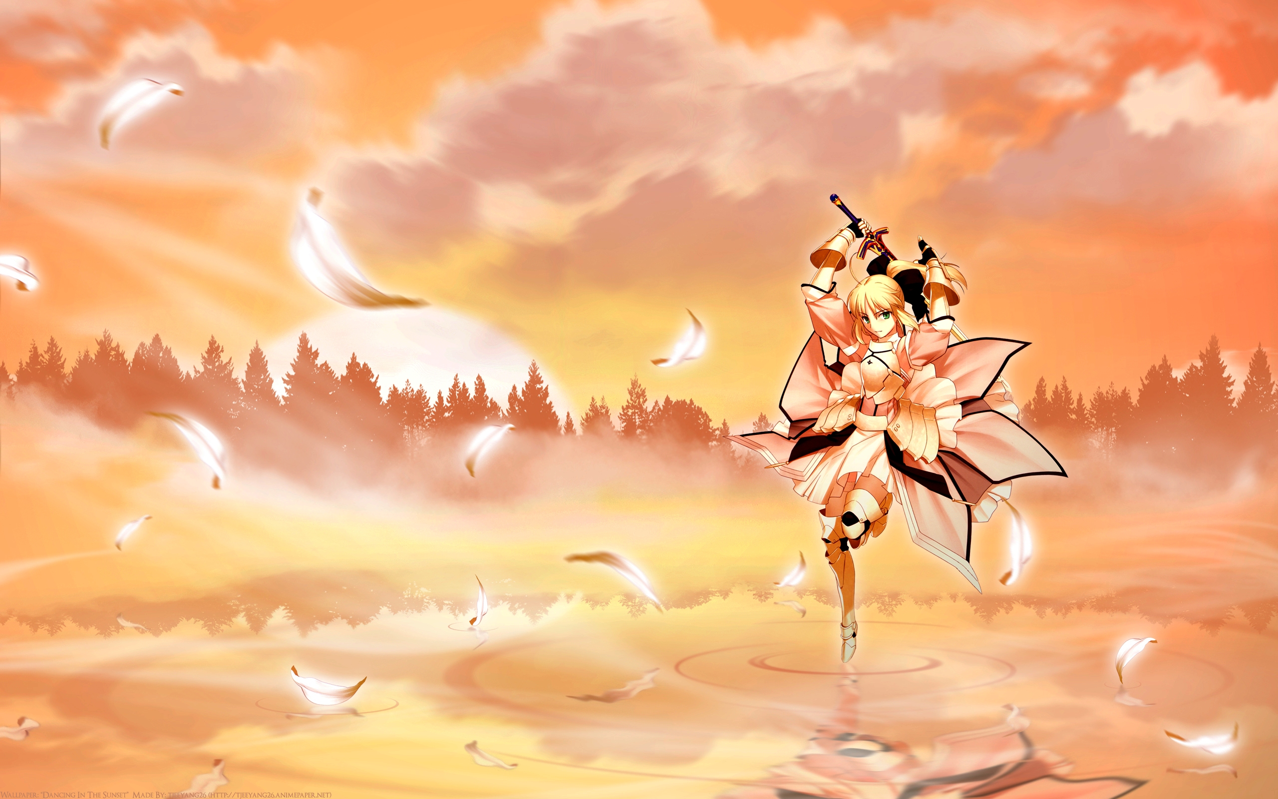 armor, Blonde, Hair, Clouds, Fate, Stay, Night, Green, Eyes, Orange, Saber, Lily, Sword, Water, Weapon Wallpaper