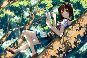 anime, Girl, Tree, Book, Smile, Cute