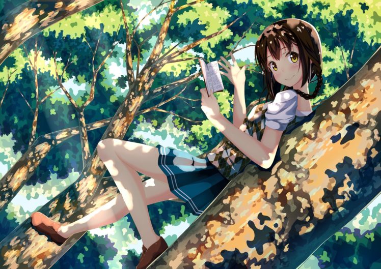 anime, Girl, Tree, Book, Smile, Cute HD Wallpaper Desktop Background