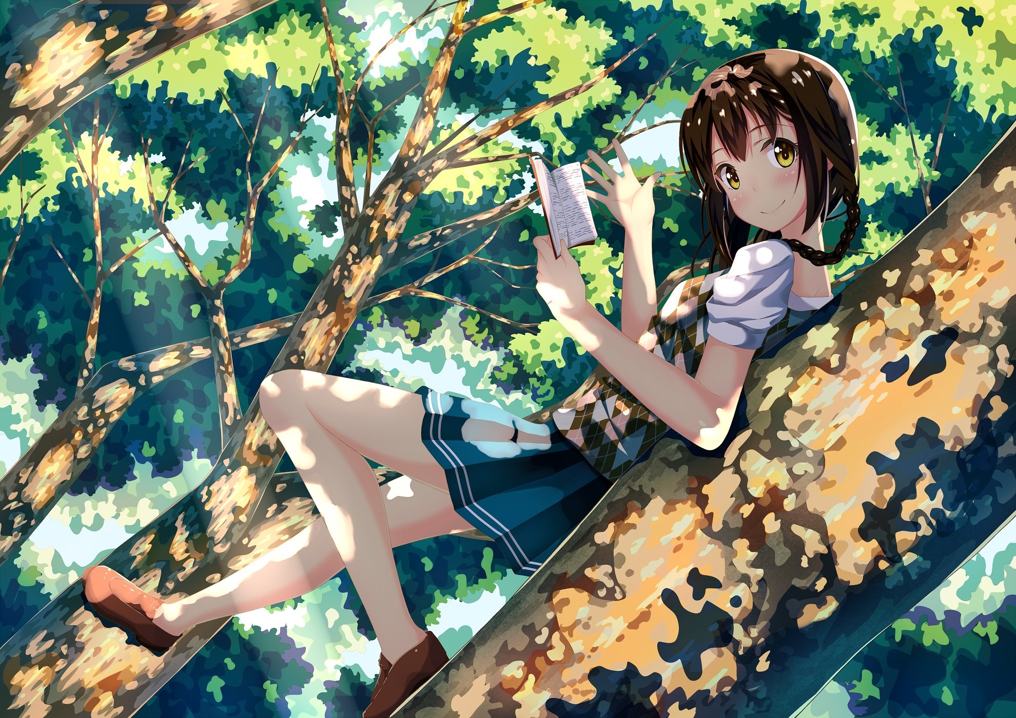 anime, Girl, Tree, Book, Smile, Cute Wallpapers HD / Desktop and Mobile
