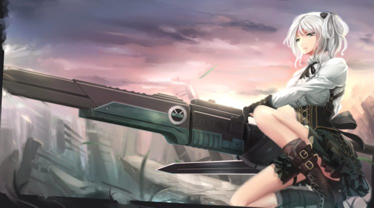 boots, Bow, Ciel,  god, Eater , Corset, Gloves, God, Eater, Gray, Eyes, Gun, Kikivi, Skirt, Weapon, White, Hair HD Wallpaper Desktop Background