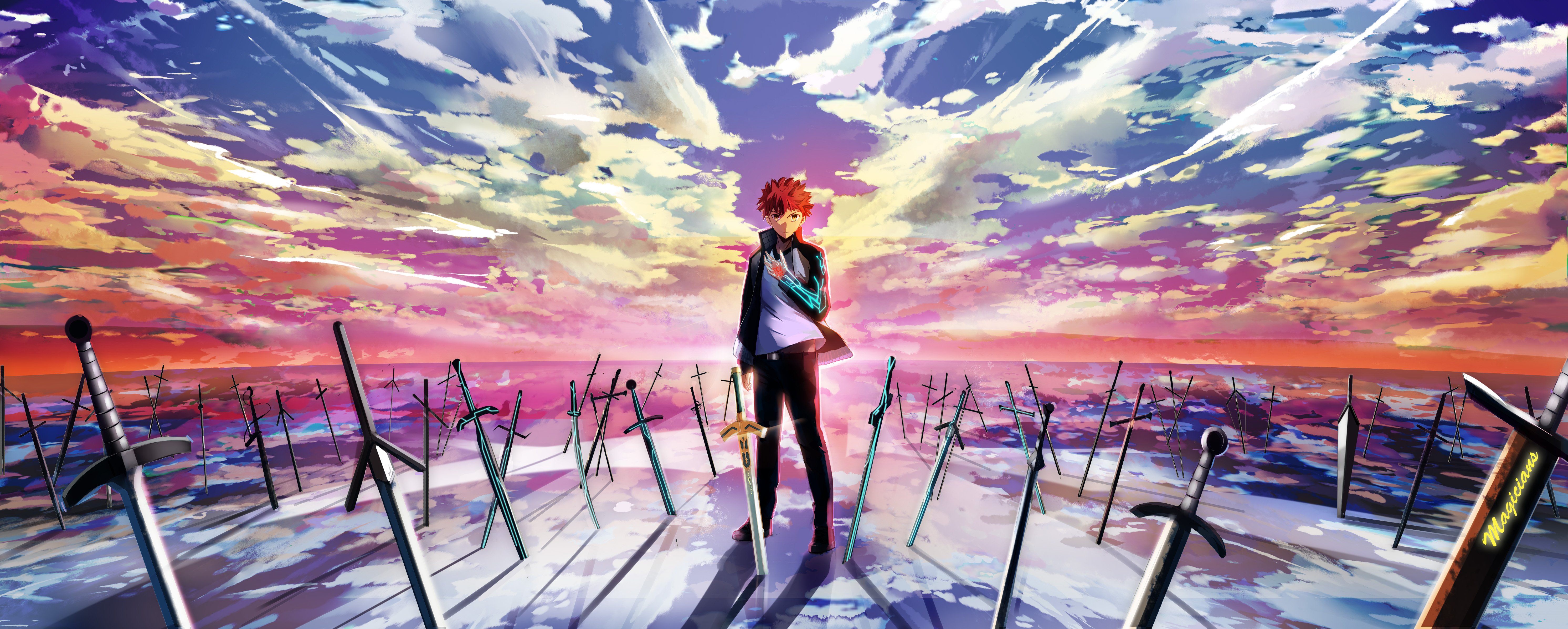 male, Clouds, Dualscreen, Emiya, Shirou, Fate, Stay, Night, Magicians, Male, Red, Hair, Scenic, Short, Hair, Sky, Sword, Weapon Wallpaper