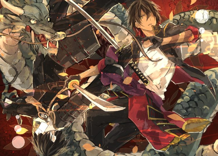 male, Armor, Dragon, Gloves, Katana, Male, Mikanururu, Ookurikara, Shokudaikiri, Mitsutada, Sword, Touken, Ranbu, Weapon HD Wallpaper Desktop Background