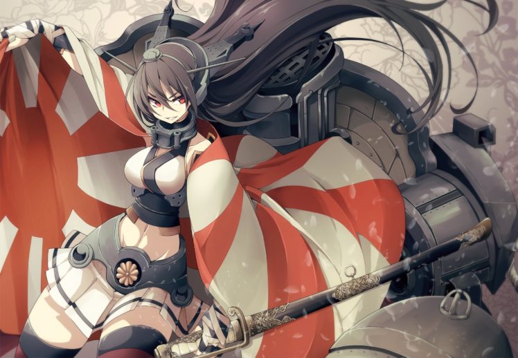 black, Hair, Kantai, Collection, Katana, Long, Hair, Nagato,  kancolle , Red, Eyes, Skirt, Sword, Tansuke, Thighhighs, Weapon HD Wallpaper Desktop Background