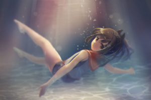 barefoot, Brown, Eyes, Brown, Hair, Bubbles, I 401,  kancolle , Kantai, Collection, Naruse, Chisato, Ponytail, Underwater, Water