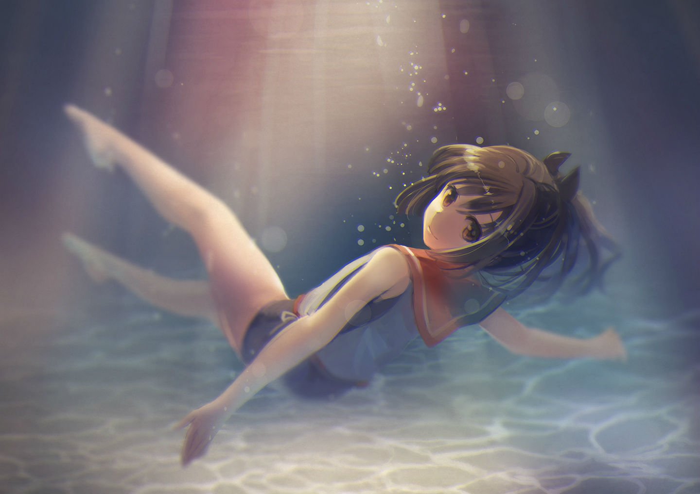 barefoot, Brown, Eyes, Brown, Hair, Bubbles, I 401,  kancolle , Kantai, Collection, Naruse, Chisato, Ponytail, Underwater, Water Wallpaper