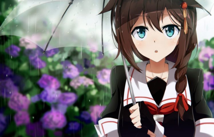 aqua, Eyes, Braids, Brown, Hair, Close, Flowers, Gloves, Jpeg, Artifacts, Kantai, Collection, Long, Hair, Rain, Seifuku, Tomato,  lsj44867 , Umbrella, Water HD Wallpaper Desktop Background