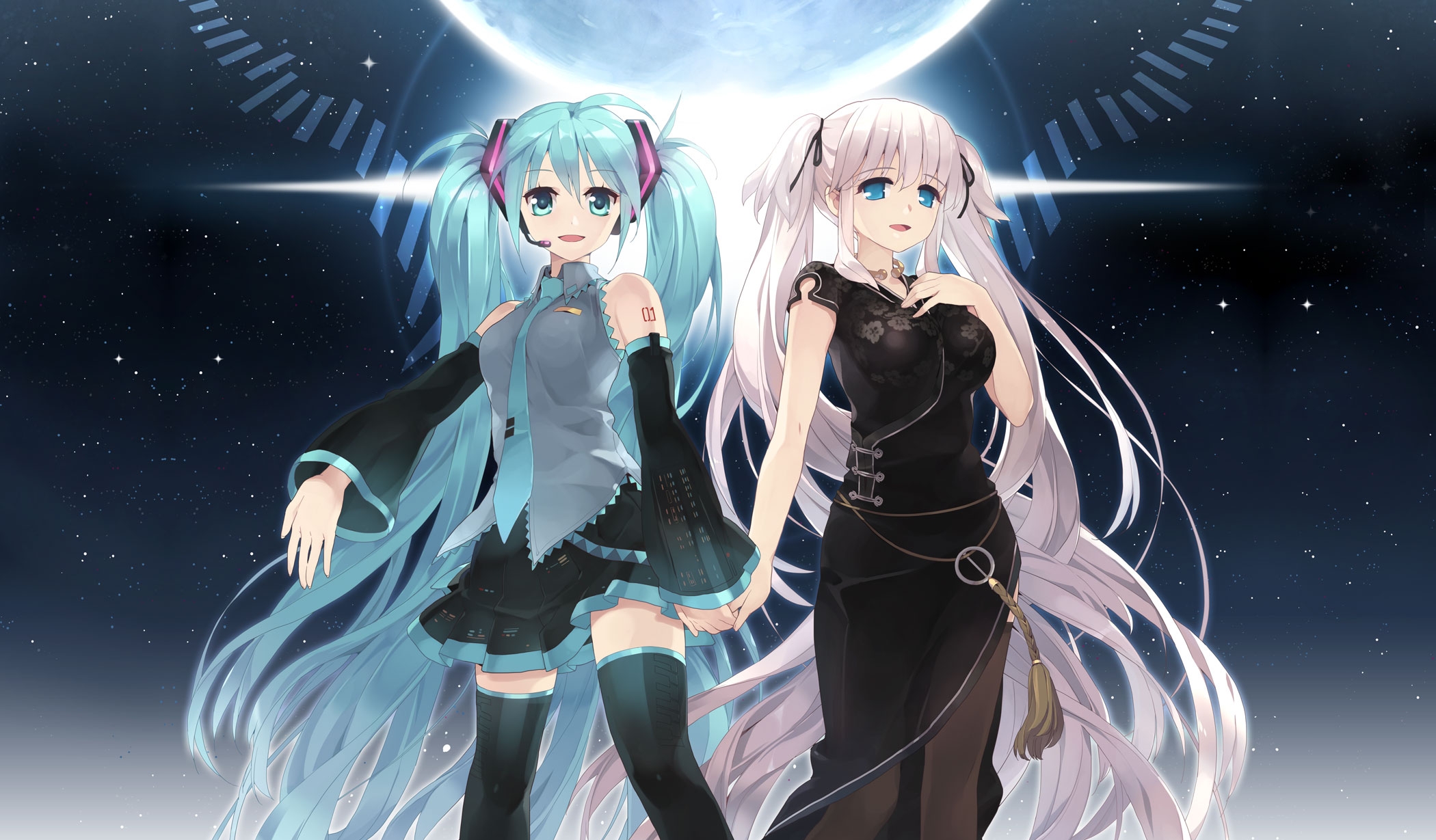 girls, Hatsune, Miku, Long, Hair, Mabinogi, Moon, Nao, Twintails, Vocaloid Wallpaper