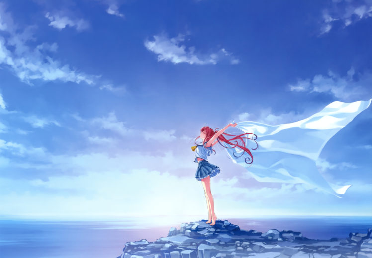 barefoot, Clouds, Deep, Blue, Sky, And, Pure, White, Wings, Misaki, Kurehito, Miyamae, Tomoka, Ponytail, Red, Hair, Scenic, Seifuku, Sky, Water HD Wallpaper Desktop Background