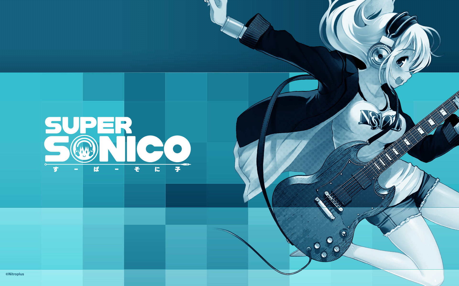 blue, Guitar, Headphones, Instrument, Nitroplus, Polychromatic, Sonico, Super, Sonico Wallpaper