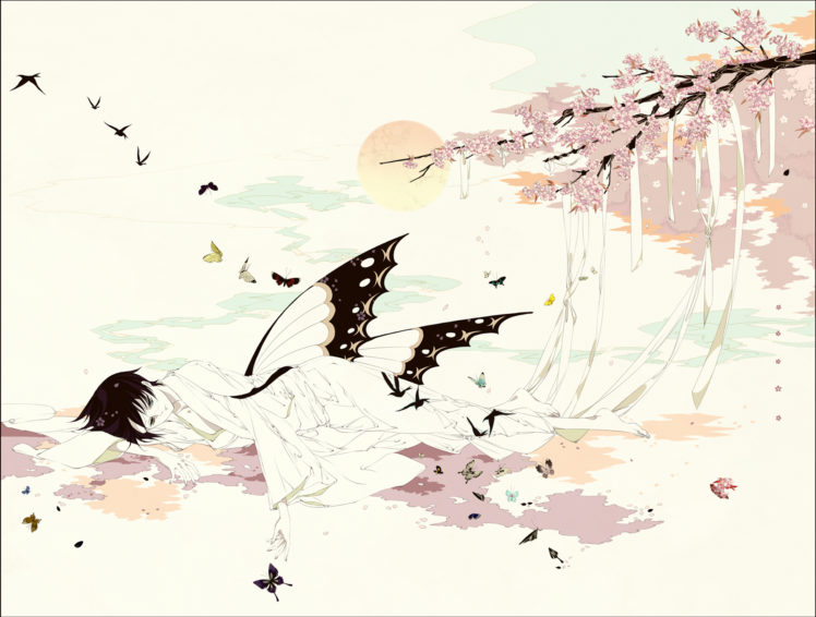 animal, Barefoot, Bicolored, Eyes, Butterfly, Cherry, Blossoms, Glasses, Japanese, Clothes, Kimono, Petals, Ribbons, Shishunki,  artist , Watanuki, Kimihiro, Xxxholic HD Wallpaper Desktop Background