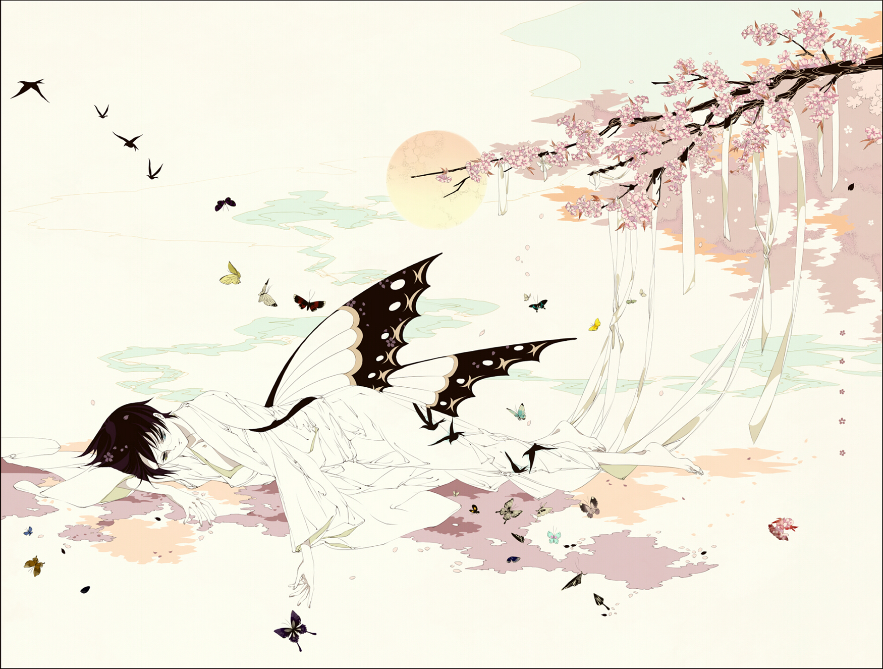 animal, Barefoot, Bicolored, Eyes, Butterfly, Cherry, Blossoms, Glasses, Japanese, Clothes, Kimono, Petals, Ribbons, Shishunki,  artist , Watanuki, Kimihiro, Xxxholic Wallpaper