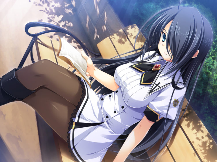 Akatsuki Setsuna Black Hair Blue Eyes Book Game Cg Kourin No Machi Lavender No Shoujo Long Hair Pantyhose Seifuku Yuuki Hagure Wallpapers Hd Desktop And Mobile Backgrounds