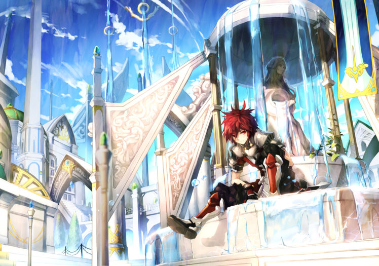 armor, Blush, Boots, Clouds, Elsword, Gloves, Long, Hair, Red, Eyes, Red, Hair, Scorpion5050, Sky, Tagme, Water HD Wallpaper Desktop Background