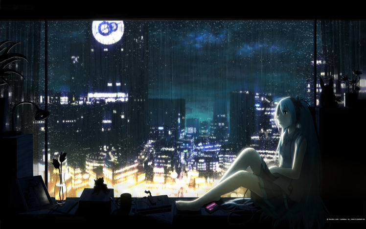 barefoot, Blue, Eyes, Blue, Hair, Flowers, Hatsune, Miku, Headphones, Long, Hair, Mikumix, Night, Rain, Sumashi, Vocaloid HD Wallpaper Desktop Background