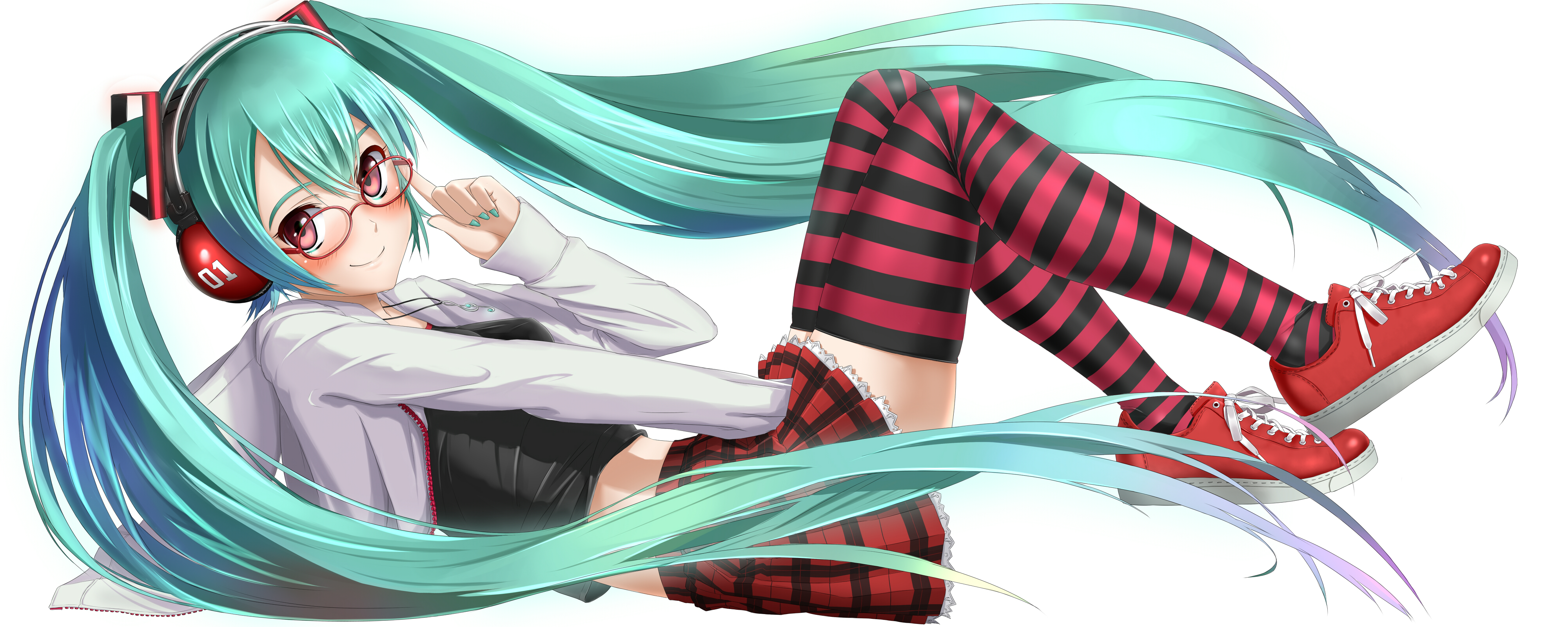 blush, Glasses, Hatsune, Miku, Headphones, Long, Hair, Project, Diva, Red, Eyes, Skirt, Takebi, Thighhighs, Twintails, Vocaloid, White Wallpaper