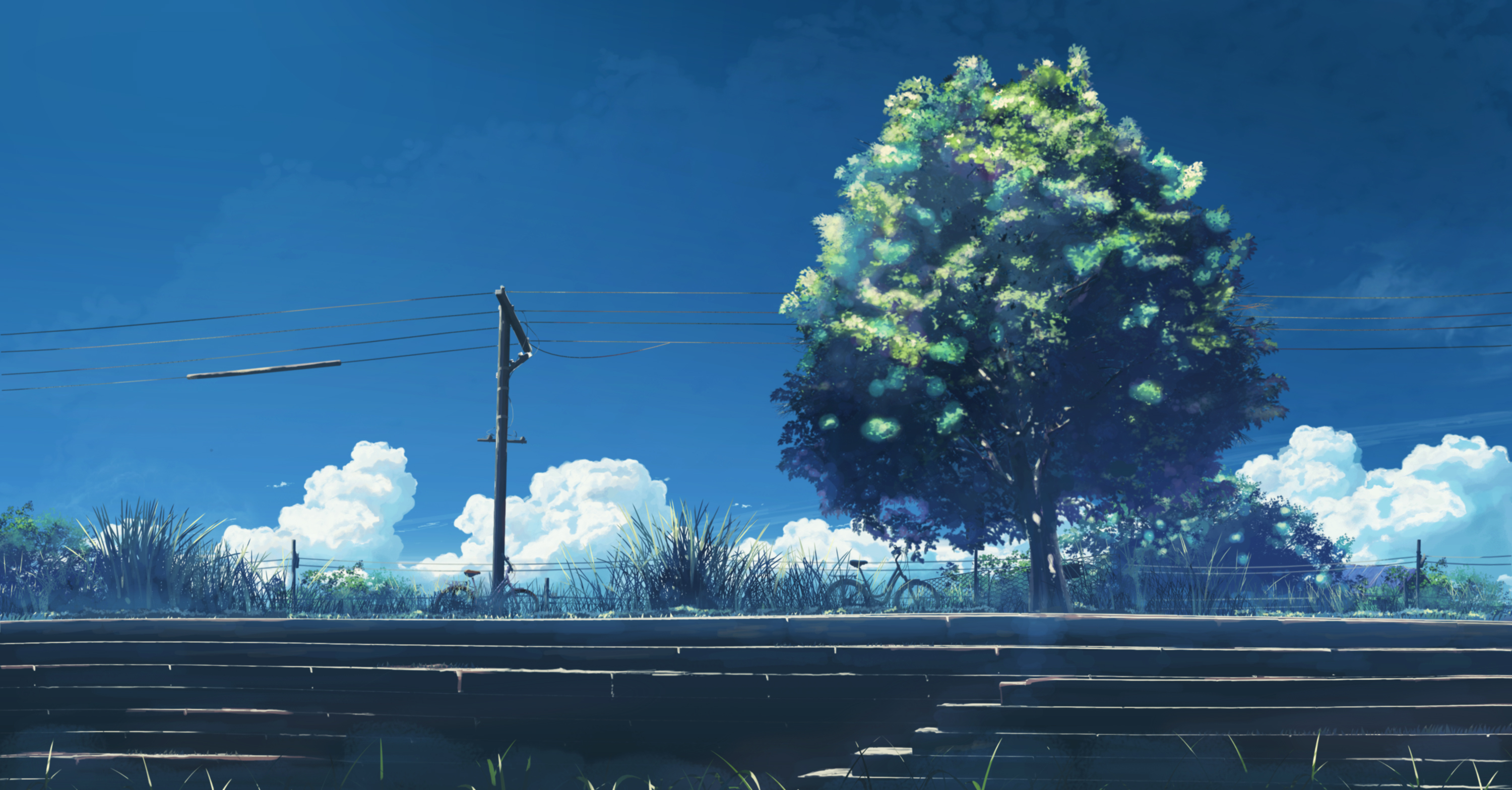 bicycle, Clouds, Grass, Hatsuame, Original, Scenic, Sky, Stairs, Summer, Tree Wallpaper