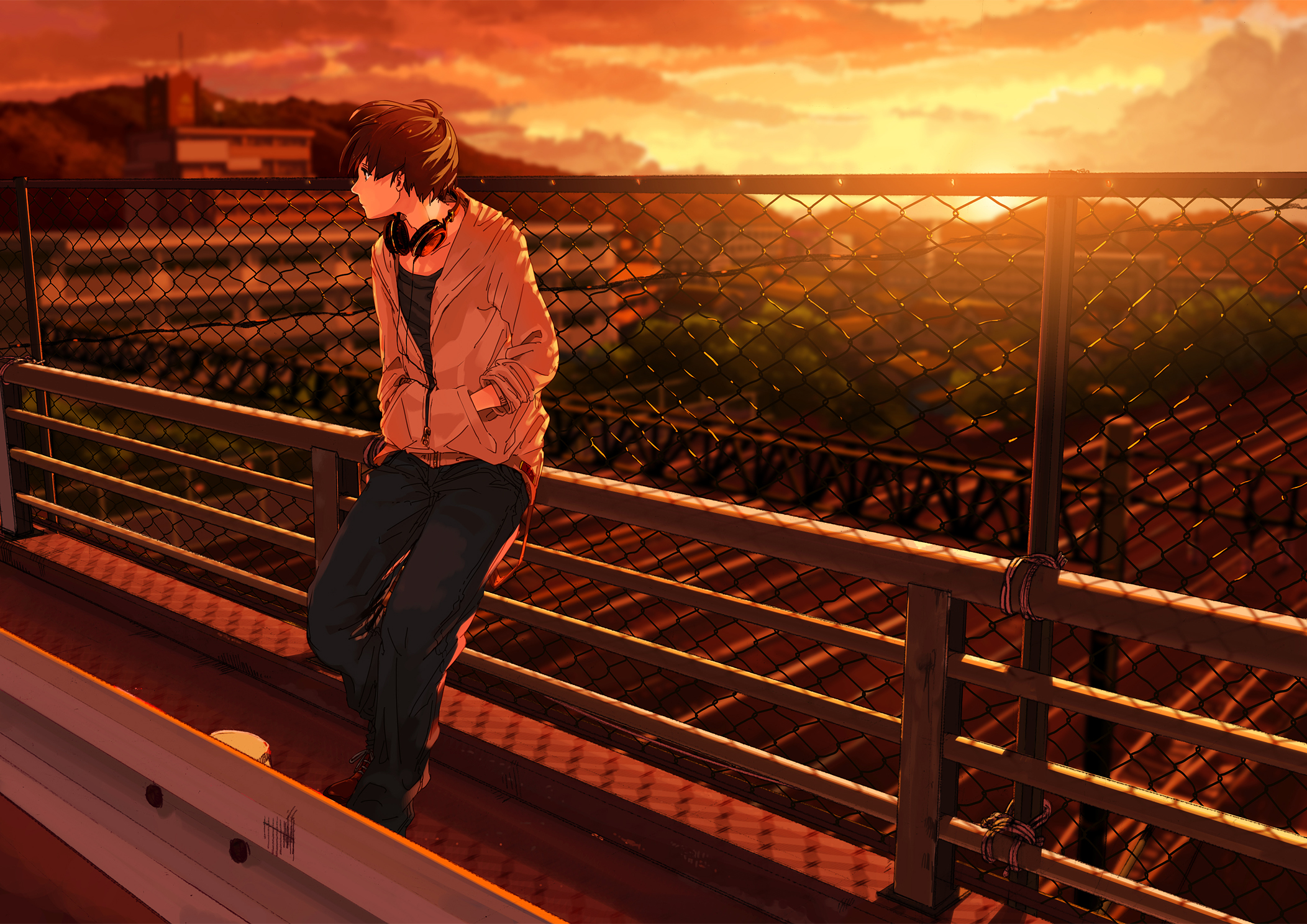 headphones, Kurono kuro, Male, Original, Scenic, Sunset Wallpaper