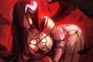 albedo, Black, Hair, Breasts, Cleavage, Feathers, Horns, Iorlvm, Long, Hair, Overlord, Wings