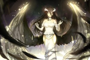 albedo, Black, Hair, Demon, Elbow, Gloves, Feathers, Horns, Long, Hair, Overlord, Signed, Sishenfan, Wings, Yellow, Eyes