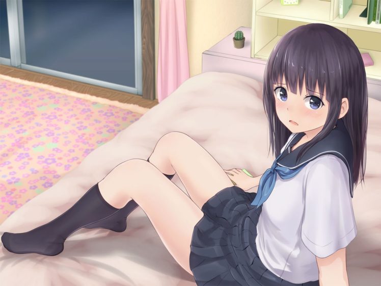 bed, Black, Hair, Blue, Eyes, Blush, Kneehighs, Long, Hair, Minagiku, Original, Seifuku, Skirt, Socks HD Wallpaper Desktop Background