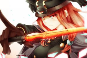 blazblue, Cape, Close, Gloves, Hat, Inaba, Sunimi, Long, Hair, Red, Eyes, Red, Hair, Sword, Tsubaki, Yayoi, Weapon, White