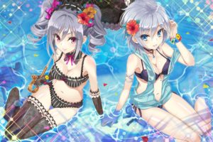 girls, Bikini, Blue, Eyes, Elbow, Gloves, Flowers, Gray, Hair, Headband, Idolmaster, Pink, Eyes, Short, Hair, Swimsuit, Thighhighs, Twintails, Umbrella, Water, Wristwear