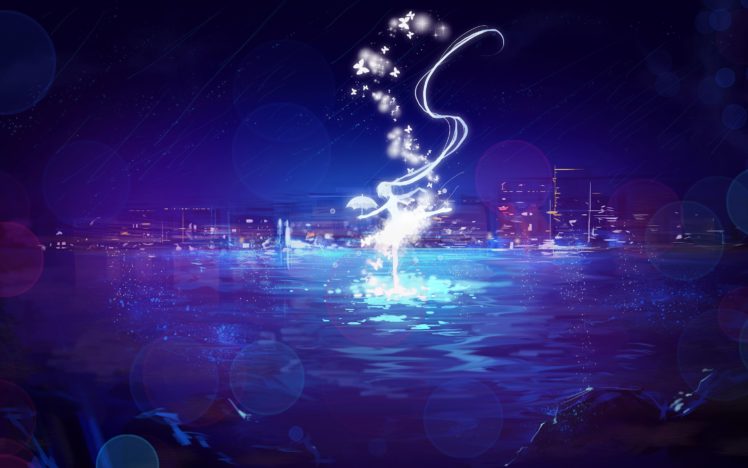 city, Hatsune, Miku, Long, Hair, Miemia, Night, Rain, Scenic, Silhouette, Sky, Twintails, Umbrella, Vocaloid, Water HD Wallpaper Desktop Background