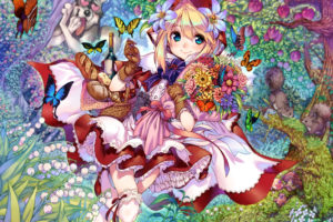 blonde, Hair, Blue, Eyes, Butterfly, Dress, Flowers, Food, Fruit, Kink, Little, Red, Riding, Hood, Long, Hair, Thighhighs, Tree, Wolf