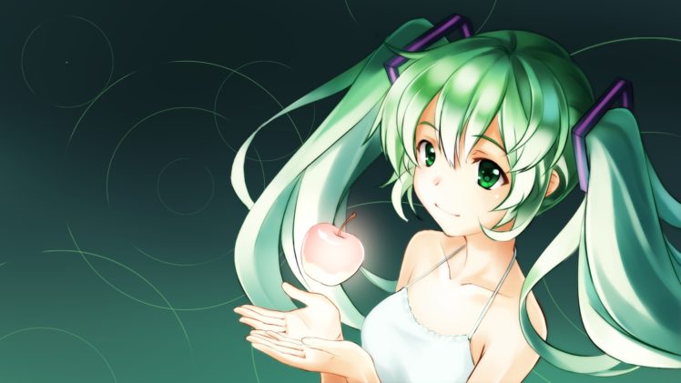 apple, Green, Eyes, Green, Hair, Hatsune, Miku, Tagme, Twintails, Vocaloid HD Wallpaper Desktop Background