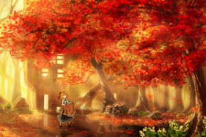 apron, Autumn, Building, Flowers, Forest, Kakisuke, Original, Scenic, Tree, Water