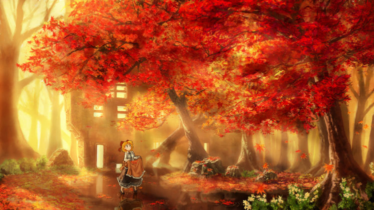 apron, Autumn, Building, Flowers, Forest, Kakisuke, Original, Scenic, Tree, Water HD Wallpaper Desktop Background