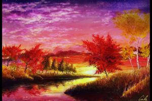 autumn, Clouds, Cola,  gotouryouta , Grass, Landscape, Original, Scenic, Signed, Sky, Sunset, Tree, Water