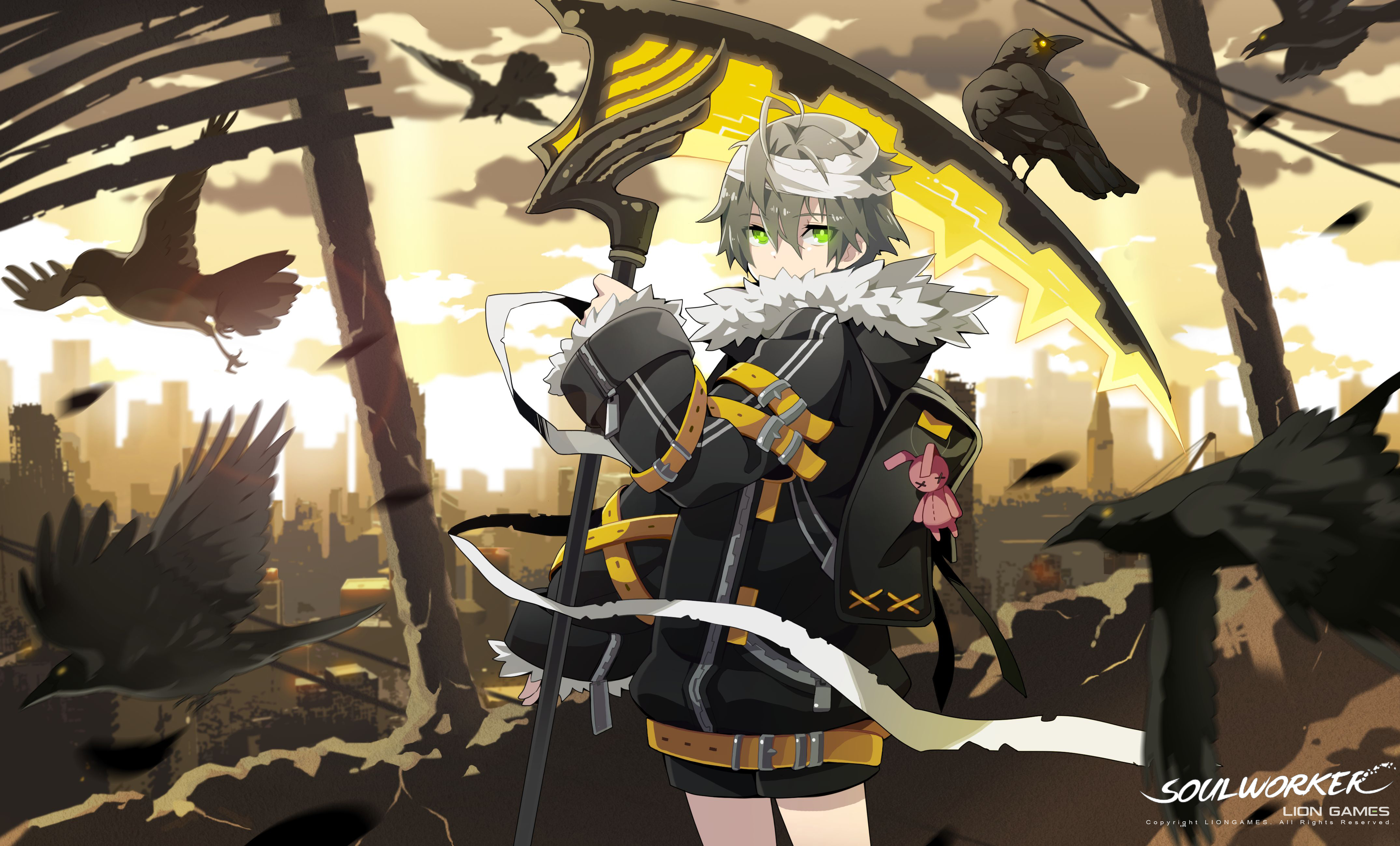 city, Gray, Hair, Green, Eyes, Ruins, Soul, Worker, Sunset, Weapon Wallpaper
