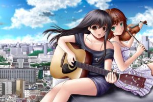 anime, Girls, Brown, And, Black, Hair, Green, And, Brown, Eyes, Play, Guitar, And, Violin