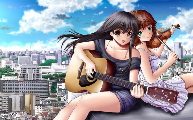 anime, Girls, Brown, And, Black, Hair, Green, And, Brown, Eyes, Play, Guitar, And, Violin HD Wallpaper Desktop Background