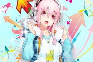 anime, Girl, Pink, Hair, And, Pink, Eyes, With, Headphones