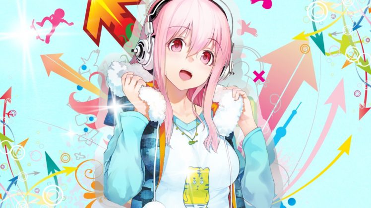 Anime Girl Pink Hair And Pink Eyes With Headphones
