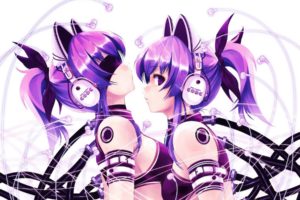 anime, Girls, Purple, Hair, Purple, Eyes, With, Headphones