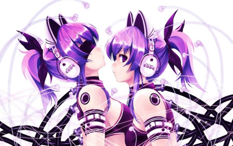 anime, Girls, Purple, Hair, Purple, Eyes, With, Headphones HD Wallpaper Desktop Background