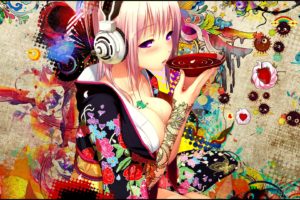 anime, Girl, Blonde, Hair, And, Purple, Eyes, With, Tattoo, And, Headphones
