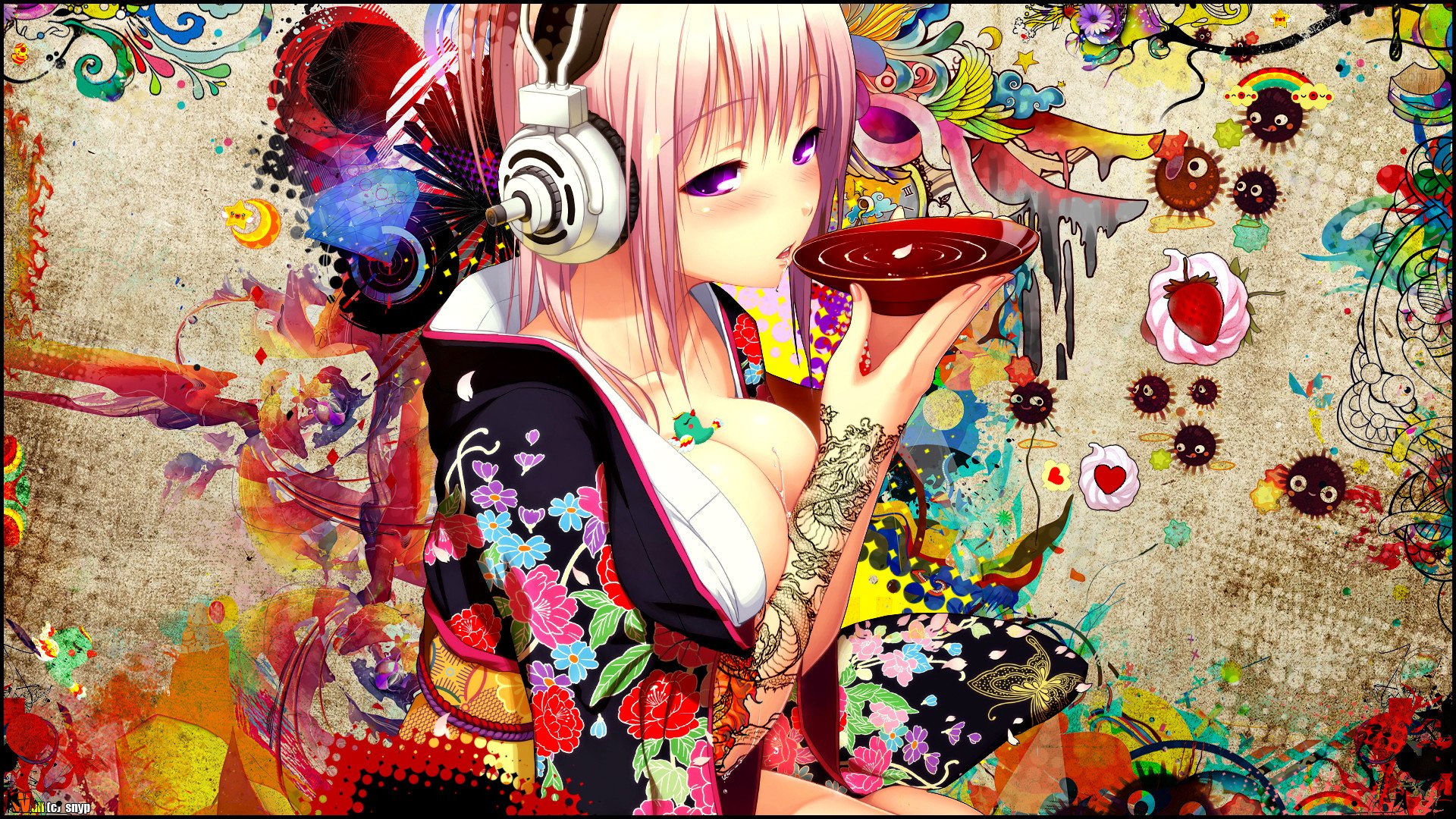 anime, Girl, Blonde, Hair, And, Purple, Eyes, With, Tattoo, And, Headphones Wallpaper